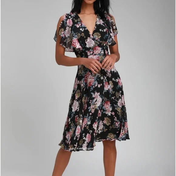 Lulus | Dresses | Lulus Black Floral Midi Faux Wrap Dress S | Poshmark